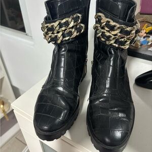 Black Croc-Embossed Ankle Boots with Chain Detail - Karl Lagerfeld Boots